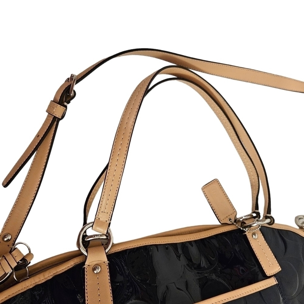 Coach Blue & Tan Patent Leather Monogram Pocket Tote Shoulder Bag - Picture 8 of 12